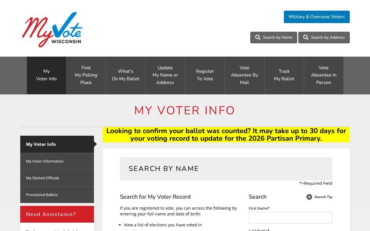 Mount Pleasant resident lookup on the Wisconsin MyVote search screen